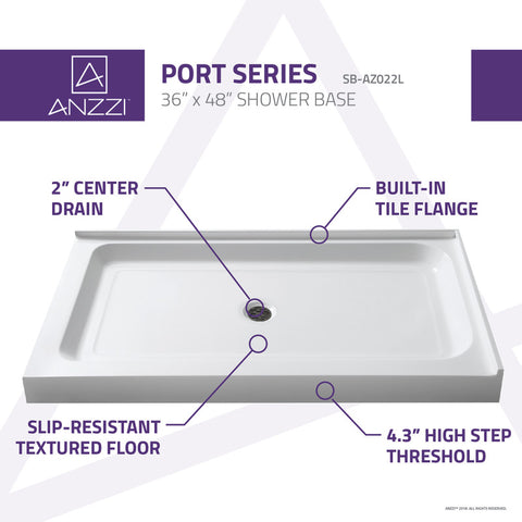ANZZI Port 36 x 48  in. Double Threshold Shower Base in White