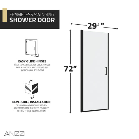 ANZZI Lancer 29 in. x 72 in. Semi-Frameless Shower Door with TSUNAMI GUARD