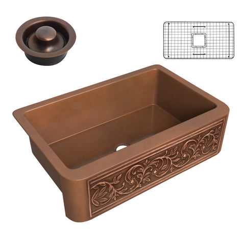 SK-008 - ANZZI Tripolis Farmhouse Handmade Copper 33 in. 0-Hole Single Bowl Kitchen Sink with Floral Design Panel in Polished Antique Copper