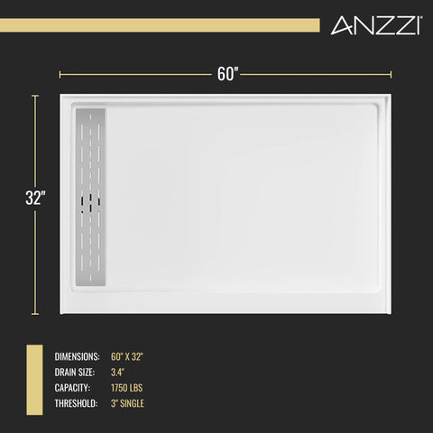 Alexander 60 in. L x 32 in. W Alcove Shower Pan Base with Left or Right Drain in Glossy White Marine Acrylic