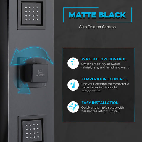 Dion Series 39 in. 2-Jetted Shower with Heavy Rain Showerhead and Spray Wand, Full Body Shower System in Matte Black