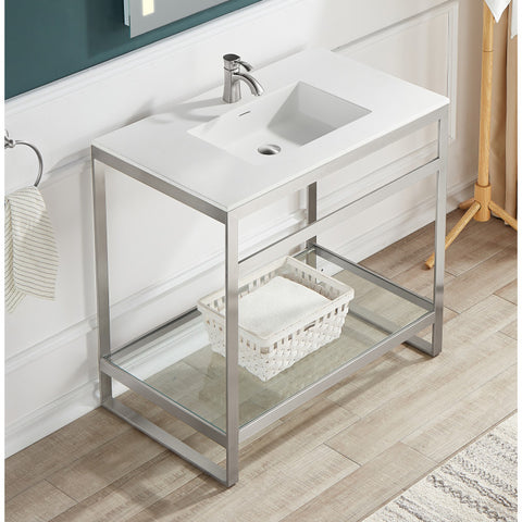 CS-FGC005-BN - ANZZI Orchard 36 in. Console Sink in Brushed Nickel with Glossy White Counter Top