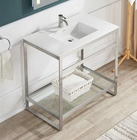 Orchard 36 in. Console Sink in Brushed Nickel with Glossy White Counter Top