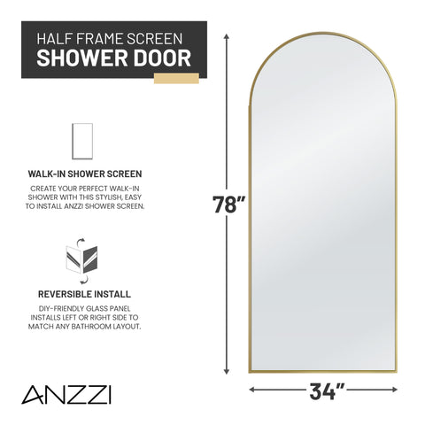 Ember Series 78 in. x 34 in. Framed Arch Fixed Shower Screen Door in Brushed Gold with 8mm Tempered Clear Glass