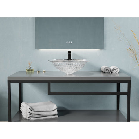 Diamante Round Clear Glass Vessel Bathroom Sink with Faceted Pattern