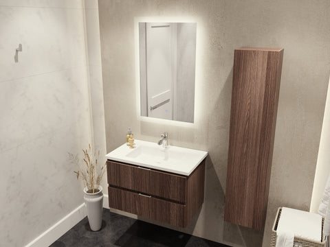 ANZZI Conques 3-Piece Vanity Set (30" W), Wall Mounted, Glossy White Stone Top, Soft-Close Drawers, LED Defogger Mirror & 55" Side Cabinet