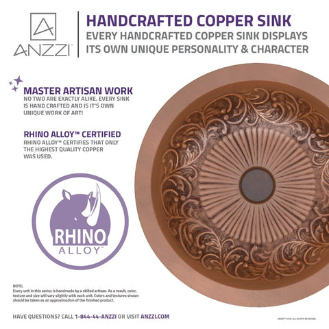 ANZZI Thessaly 17 in. Handmade Vessel Sink in Polished Antique Copper with Floral Design Interior