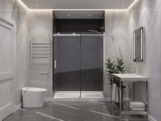 48 in. x 76 in. Frameless Sliding Shower Door with Handle in Brushed Nickel