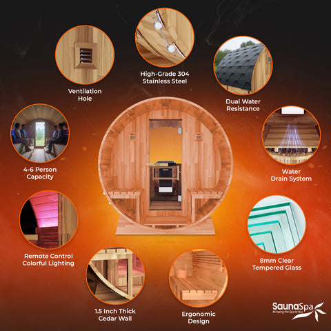 4-6 Person Outdoor Barrel Sauna in Cedar with ETL-Certified 6.2kW Rock Heater, Panoramic View, and Non-Curved Design