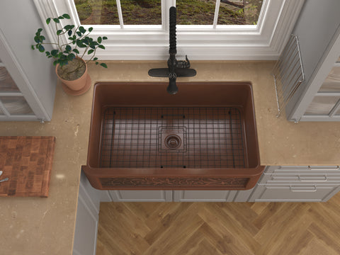 Mytilene Farmhouse Handmade Copper 36 in. 0-Hole Single Bowl Kitchen Sink with Floral Design Panel in Polished Antique Copper