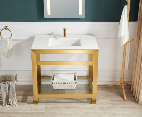 Orchard 36 in. Console Sink in Brushed Gold with Glossy White Counter Top