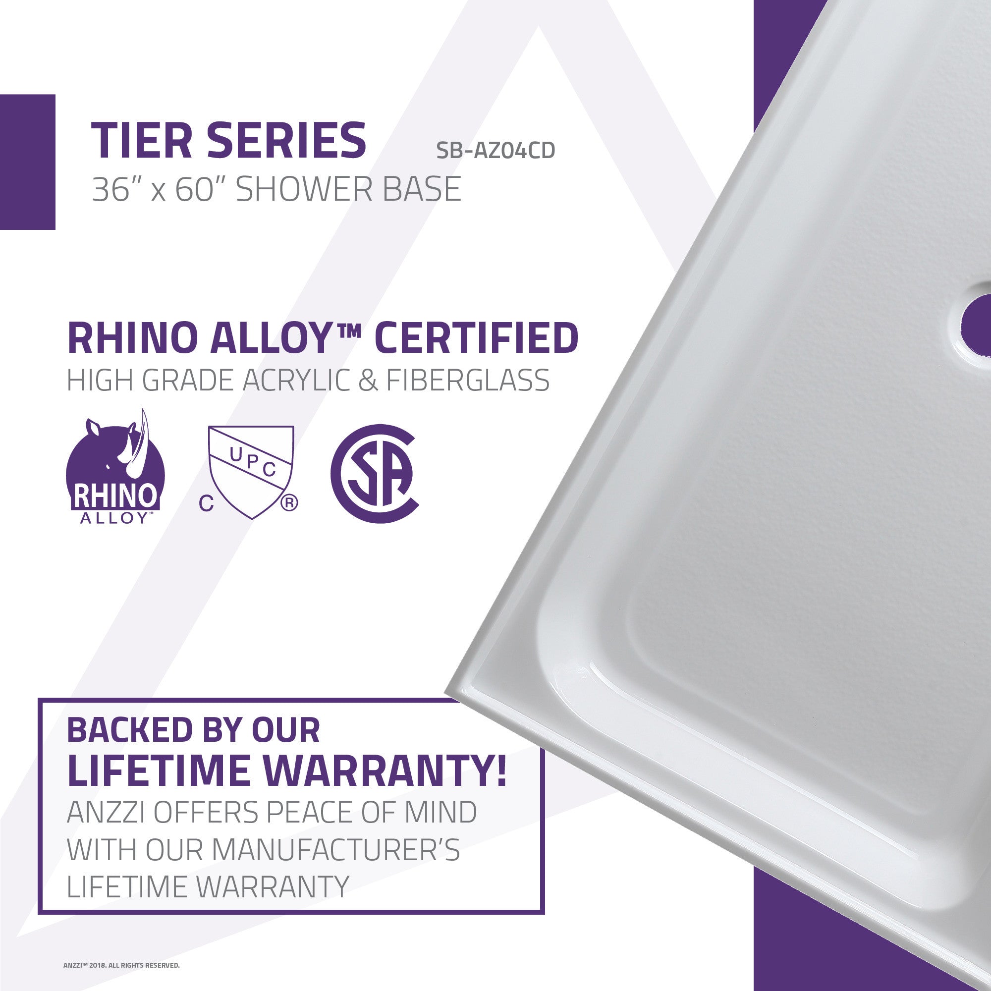 SB-AZ04CD-R - ANZZI Jebel 36 x 60 in. Center Drain Single