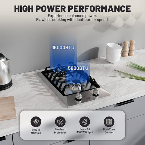 12 in. 2-Burner Recessed Gas Cooktop in Stainless Steel with Power Burners 5800-15000 BTU/h and NG/LP Convertible