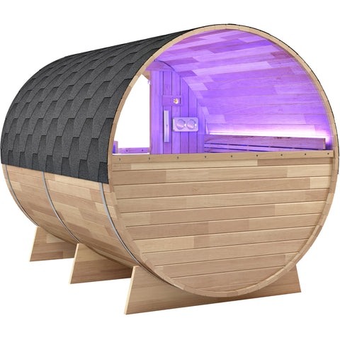 4-6 Person Outdoor Barrel Sauna in Cedar with ETL-Certified 6.2kW Rock Heater, Panoramic View, and Non-Curved Design