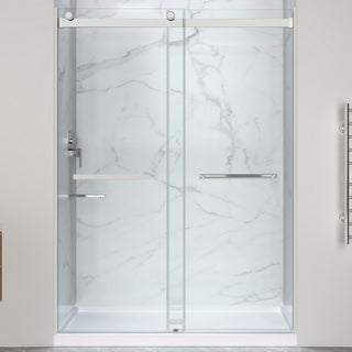 Kahn Series 60 in. x 32 in. Center Drain Alcove Shower Base and Frameless Sliding Door Combo with Tsunami Guard