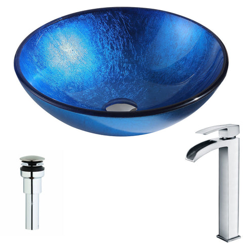 LSAZ027-097 - ANZZI Clavier Series Deco-Glass Vessel Sink in Lustrous Blue with Key Faucet in Polished Chrome