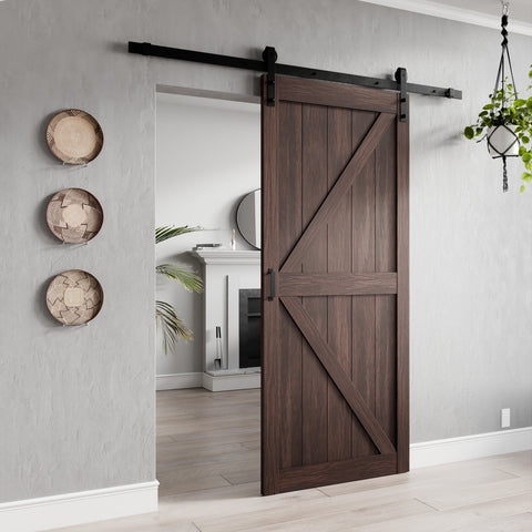 ID-AZBD03 - ANZZI Skocjan Series 36 in. x 84 in. Rustic Wood Finish MDF Interior Sliding Barn Door with Hardware Kit in Matte Black