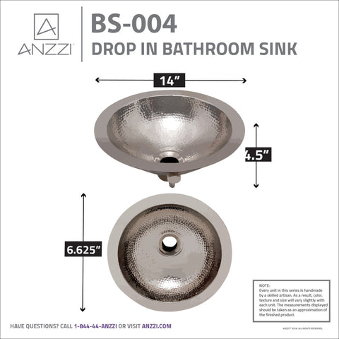 ANZZI Julian 14 in. Handmade Drop-in Bathroom Sink with Overflow in Hammered Nickel