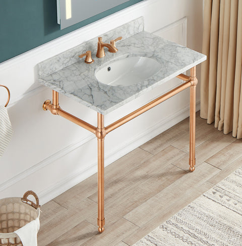 Verona 34.5 in. Console Sink in Rose Gold with Carrara White Counter Top