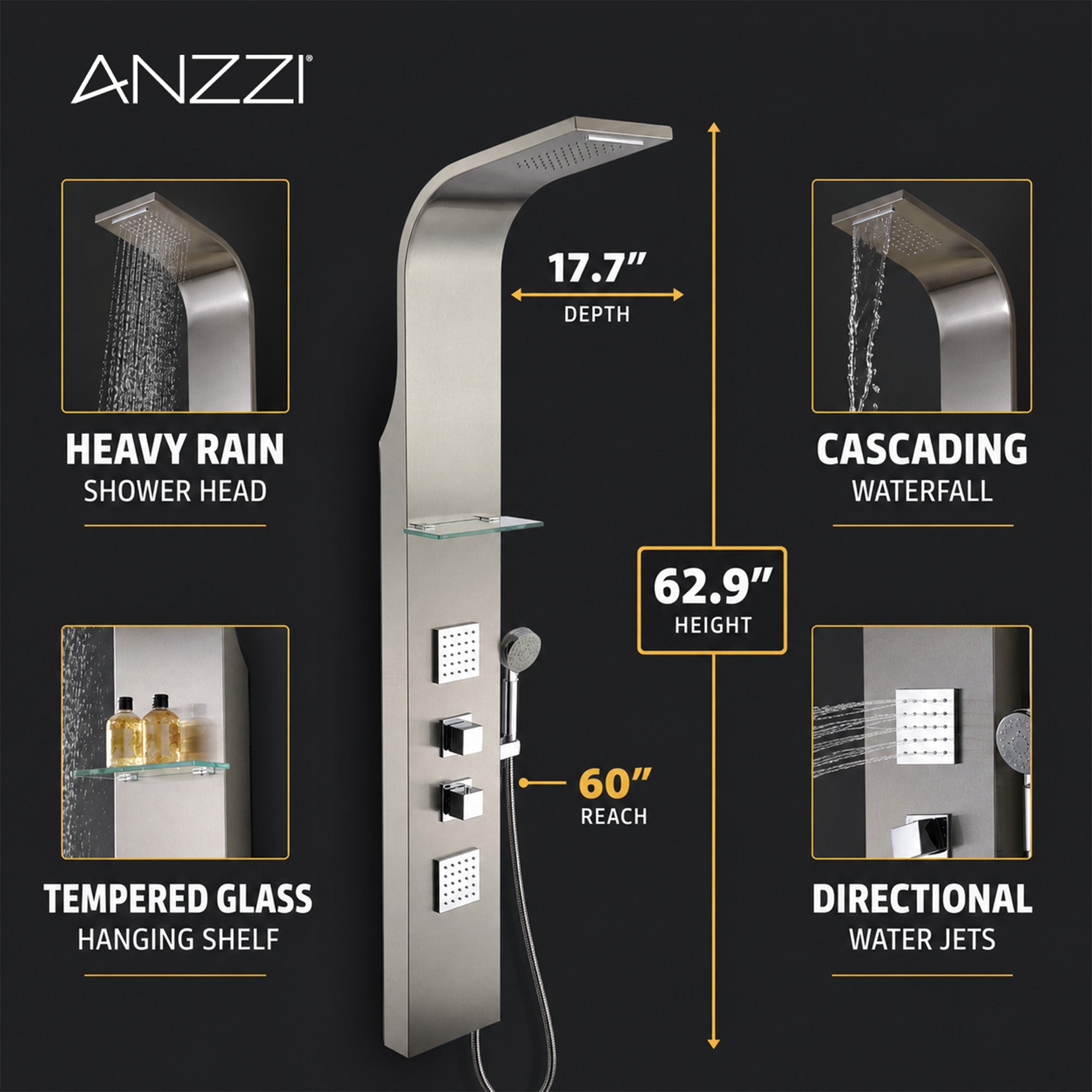SP-AZ023 - ANZZI Niagara 64 in. 2-Jetted Full Body Shower Panel