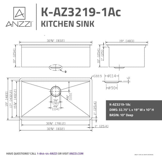 ANZZI Aegis Undermount Stainless Steel 32.75 in. 0-Hole Single Bowl Kitchen Sink with Cutting Board and Colander