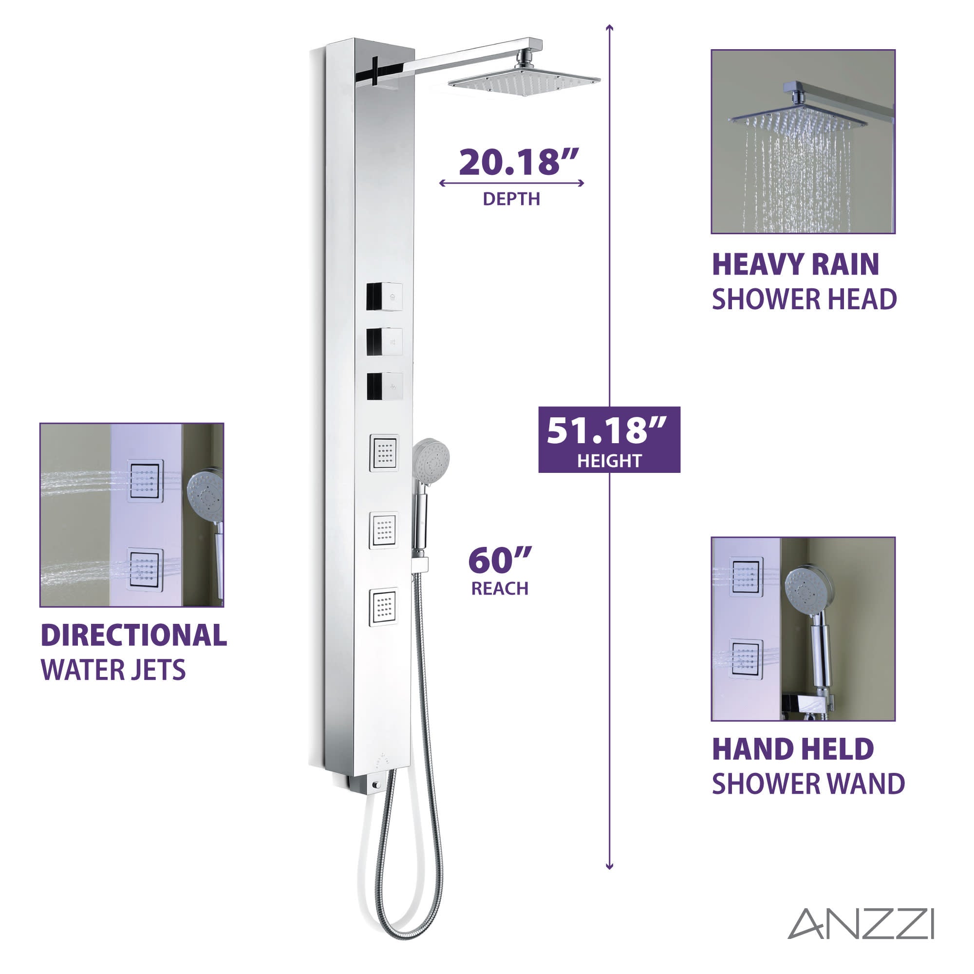 SP-AZ015 - ANZZI Lann 53 in. 3-Jetted Full Body Shower Panel