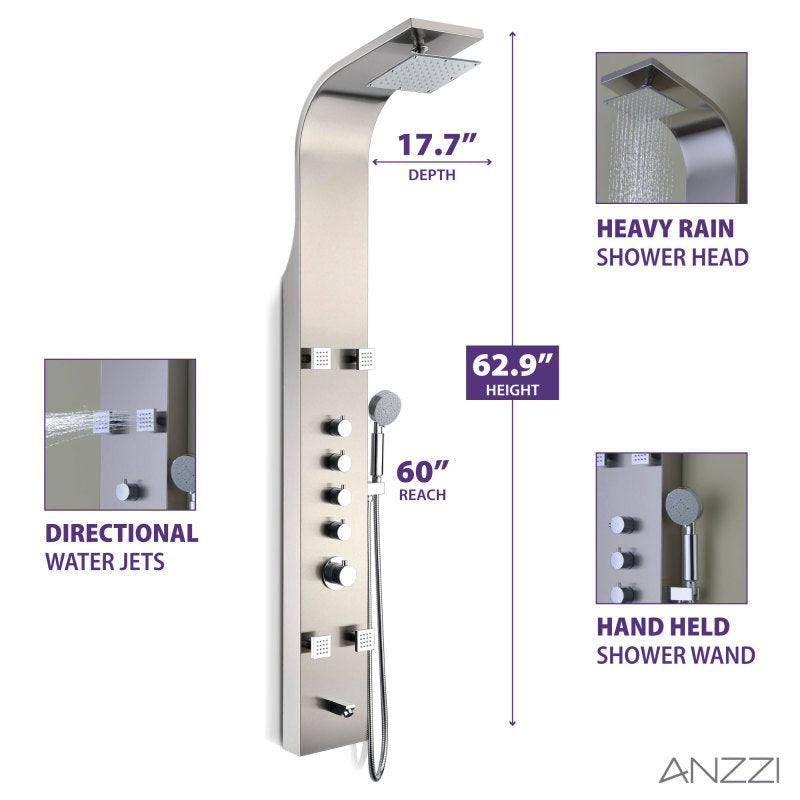 ANZZI Echo 63.5 in. 4-Jetted Full Body Shower Panel with Heavy Rain  Showerhead, Spray Wand and Tub Spout in Brushed Steel