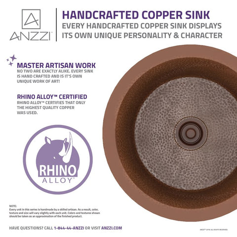 ANZZI Thrace Drop-in Handmade Copper 17 in. 0-Hole Single Bowl Kitchen Sink in Hammered Antique Copper
