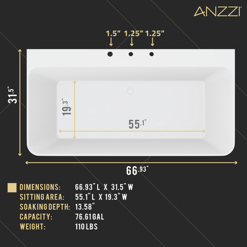 ANZZI VAULT 67 in. Acrylic Flatbottom Freestanding Bathtub with Pre-Drilled Deck Mount