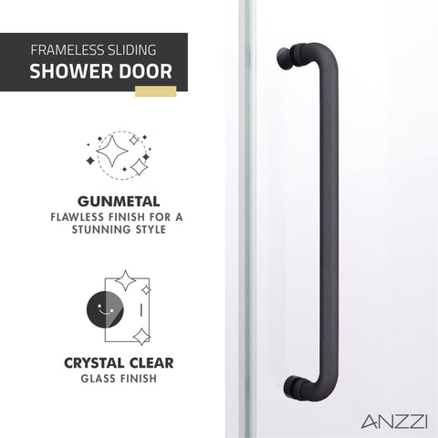 Madam Series 48 in. by 76 in. Frameless Sliding Shower Door in Gunmetal with Clear Tempered Glass and Tsunami Guard