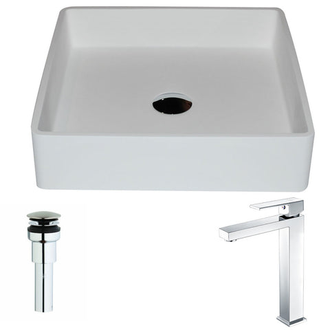 LSAZ602-096 - ANZZI Passage Series 1-Piece Solid Surface Vessel Sink in Matte White with Enti Faucet in Polished Chrome