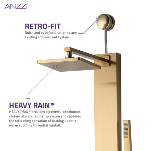 Dion Series 39 in. 2-Jetted Shower Tower with Heavy Rain Shower and Body Jets and Spray Wand in Gold