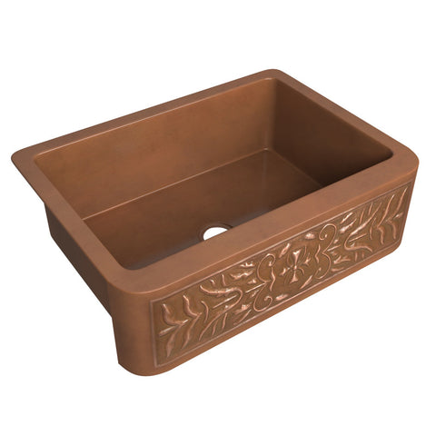 ANZZI Florina Farmhouse Handmade Copper 30 in. 0-Hole Single Bowl Kitchen Sink with Flower Design Panel in Polished Antique Copper