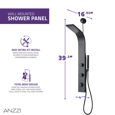 Cici Series 39 in. 2-Jetted Shower Tower with Heavy Rain Shower and Body Jets and Spray Wand in Matte black