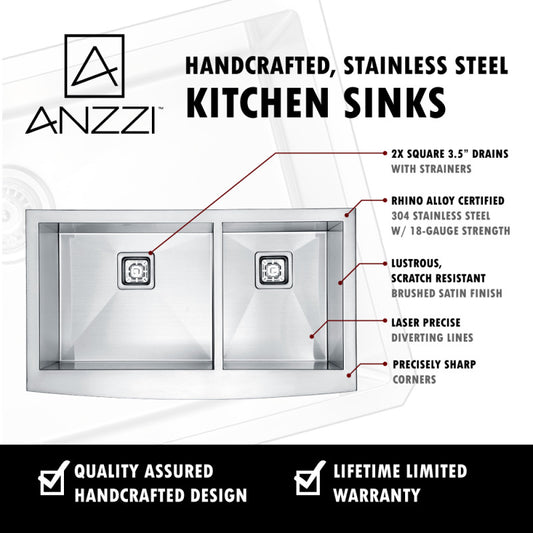 ANZZI Elysian Farmhouse 33 in. 60/40 Double Bowl Kitchen Sink with Faucet in Brushed Nickel
