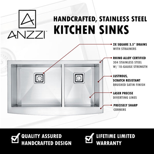 ANZZI Elysian Farmhouse 36 in. 60/40 Double Bowl Kitchen Sink with Faucet in Brushed Nickel