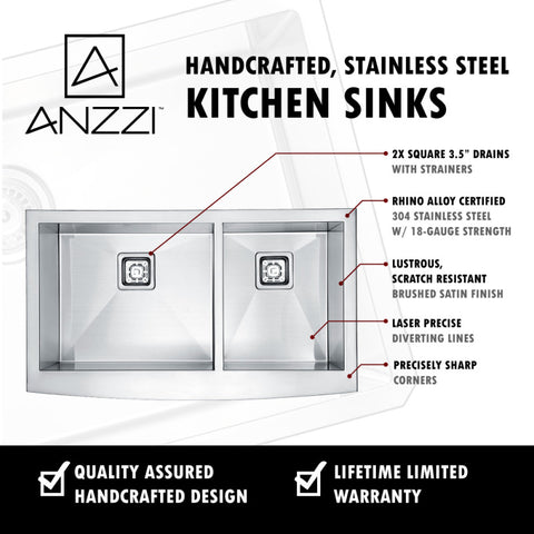 ANZZI Elysian Farmhouse 36 in. 60/40 Double Bowl Kitchen Sink with Faucet in Polished Chrome