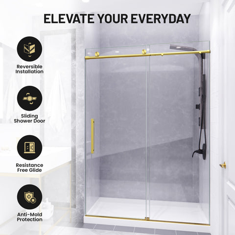 Mountain 48 in Reversible Frameless Sliding Glass Shower Door with Soft-Close System and Brushed Gold Finish