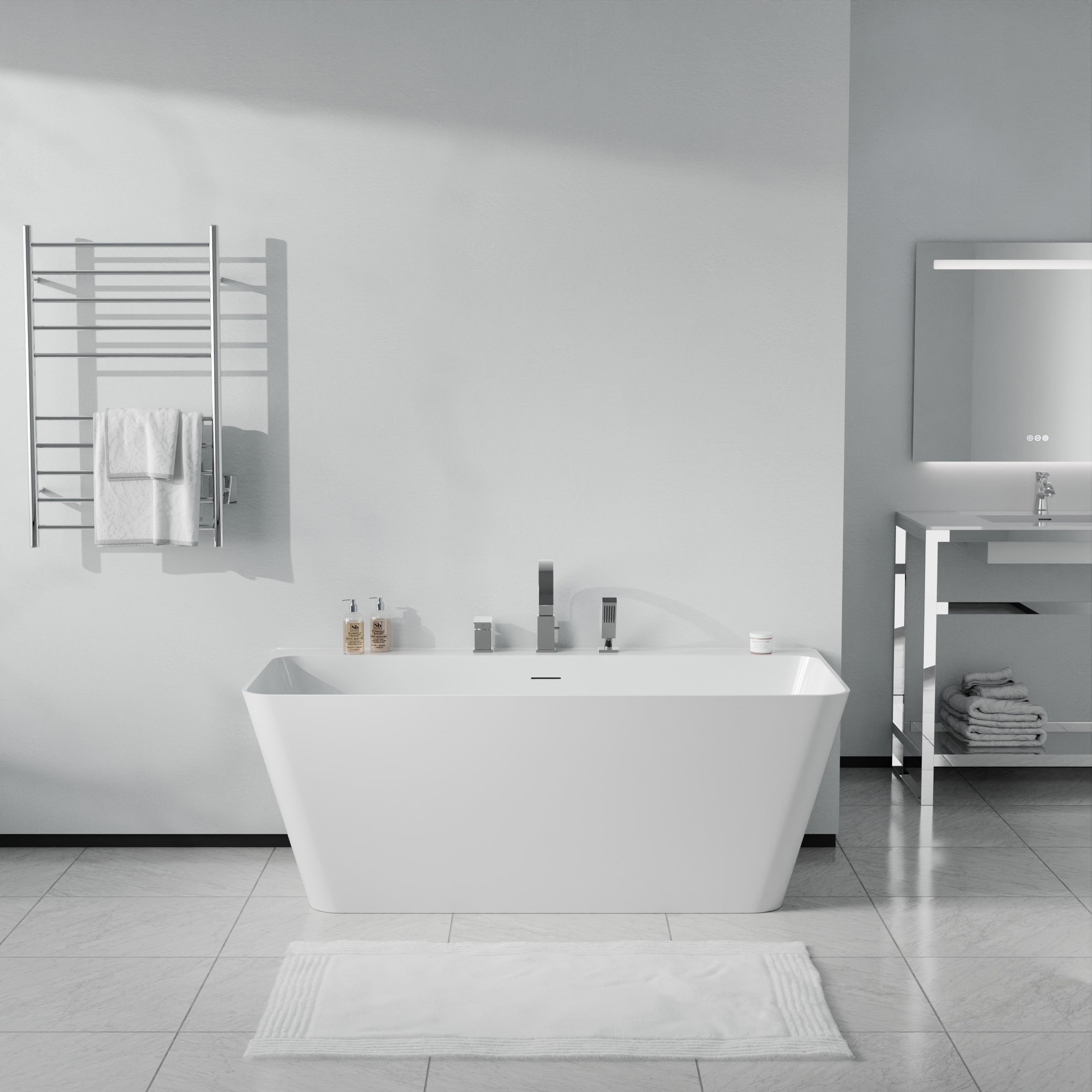 Vault Series 67 in. x 32 in. Flat Bottom Acrylic Freestanding Soaking Bathtub with Center Drain, Chrome Faucet