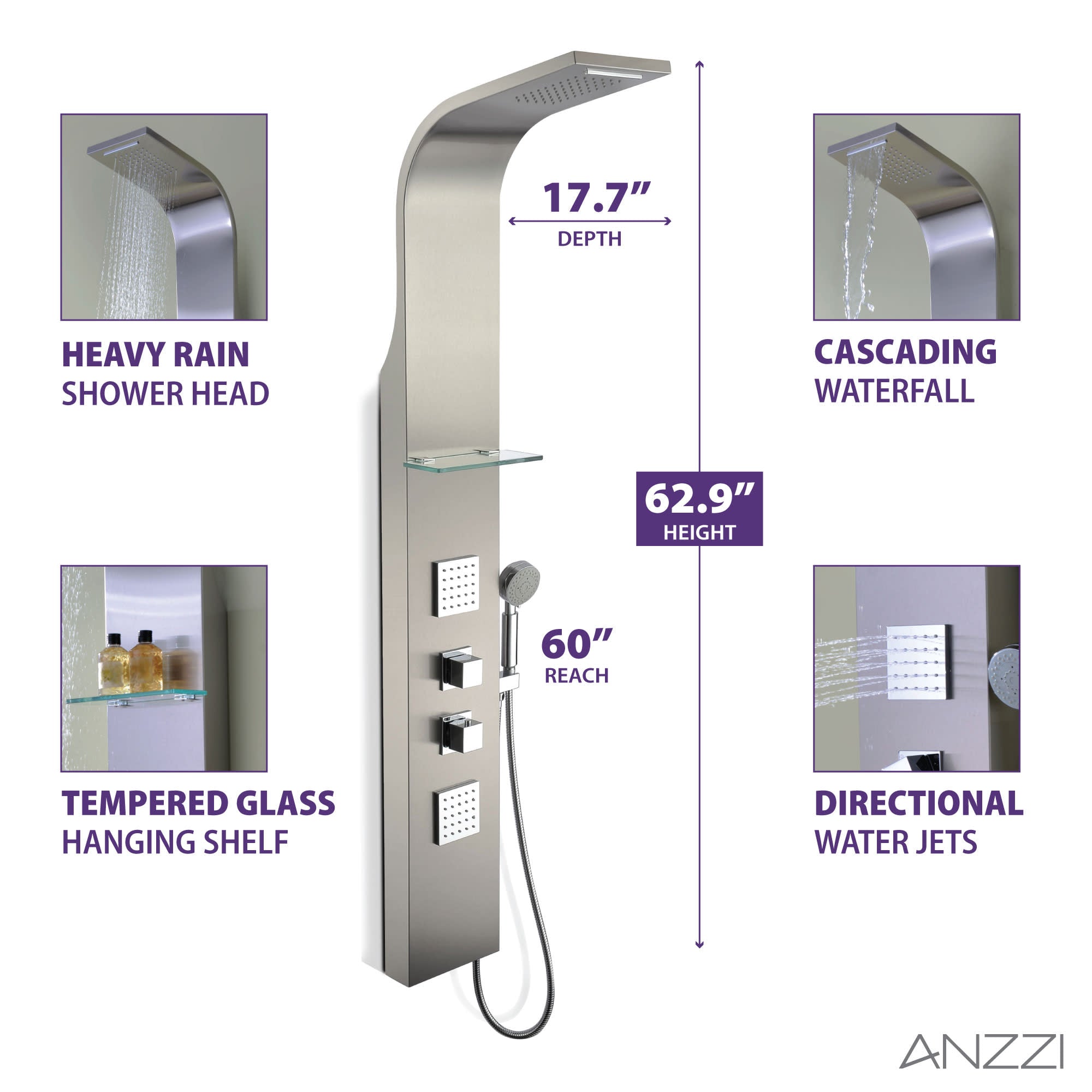 SP-AZ023 - ANZZI Niagara 64 in. 2-Jetted Full Body Shower Panel