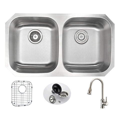 KAZ3218-130 - ANZZI MOORE Undermount 32 in. Double Bowl Kitchen Sink with Sails Faucet in Brushed Nickel