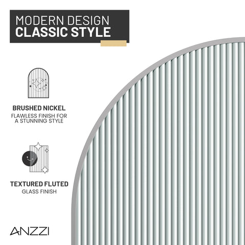 Ember Series 78 in. x 34 in. Framed Arch Fixed Shower Screen Door in Brushed Nickel with 8mm Tempered Fluted Glass