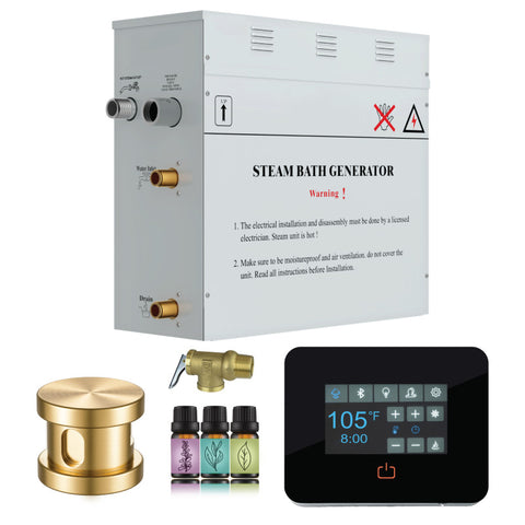 BLD450GD - SteamSpa Builders Series 4.5kW Steam Bath Generator with Quickstart Continuous Steam, Black Digital Touch Pad, Built-in Auto-drain, and Aroma Steamhead in Gold Finish