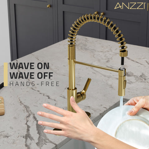 KF-AZ303BG - ANZZI Ola Hands Free Touchless 1-Handle Pull-Down Sprayer Kitchen Faucet with Motion Sense and Fan Sprayer in Brushed Gold