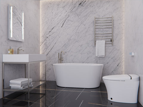Chand Series 55 in. x 30 in. Flat Bottom Acrylic Freestanding Soaking Bathtub with Center Drain in Glossy White