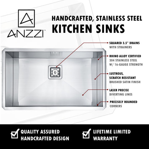 ANZZI Vanguard Undermount Stainless Steel 30 in. 0-Hole Single Bowl Kitchen Sink in Brushed Satin
