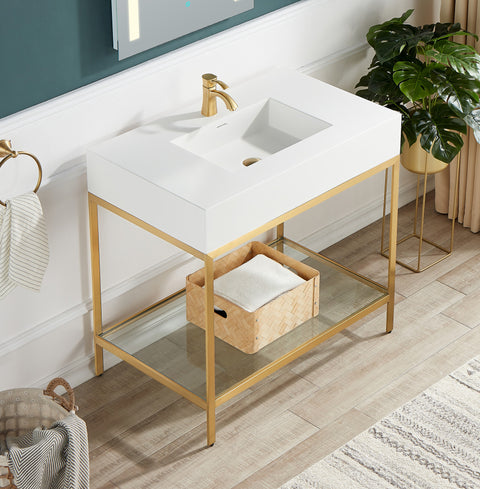 Ventura 36 in. Console Sink in Brushed Gold with Matte White Counter Top