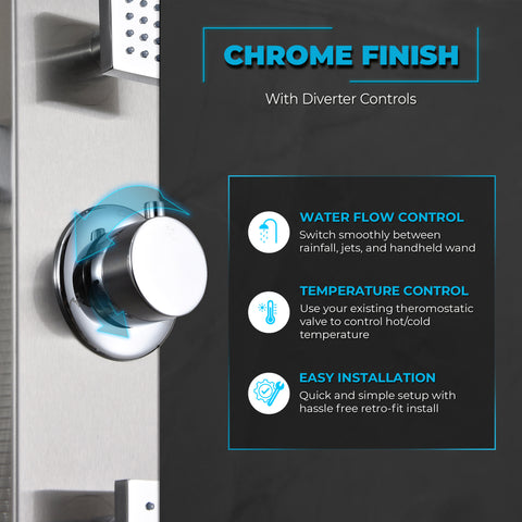 Sans Series 40 in. 3-Jetted Full Body Shower Panel Tower in Brushed Steel with Heavy Rain Showerhead and Spray Wand