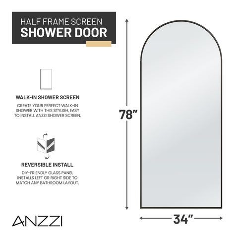 Ember Series 78 in. x 34 in. Framed Arch Fixed Shower Screen Door in Matte Black with 8mm Tempered Clear Glass