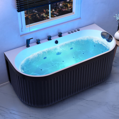 67 in. x 32 in. Flat Bottom Stone Resin Freestanding Whirlpool and Air Bathtub with Center Drain in Black & White